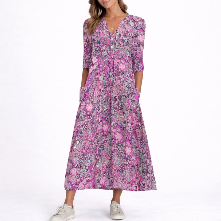 Clara | Florales Herbst-Hochzeitskleid Mit V-Ausschnitt Und Midi-Länge