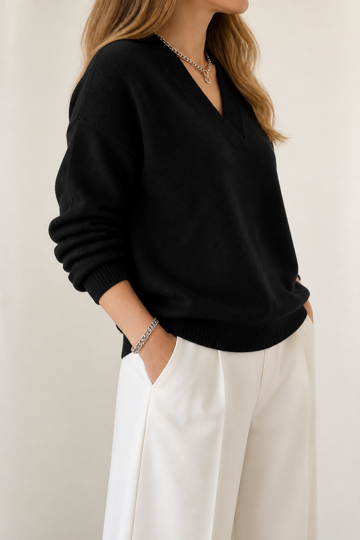 Softline | Ribbed V-Neck Knit Sweater – Relaxed Fit for Women