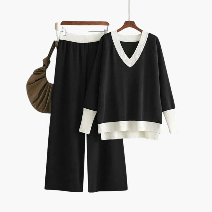 Viora | Sweater Set – V-Neck Design with Wide-Leg Trousers for Women