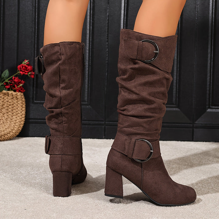 Camille | Moderne kniehohe Stiefel mit Blockabsatz und Schnallendetails