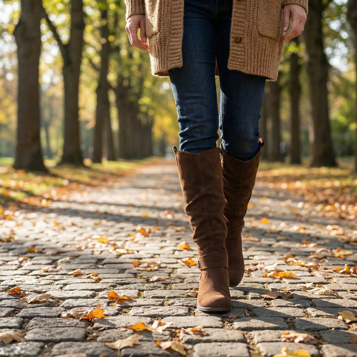Zara | Elegante kniehohe Slouch-Stiefel mit niedrigem Blockabsatz