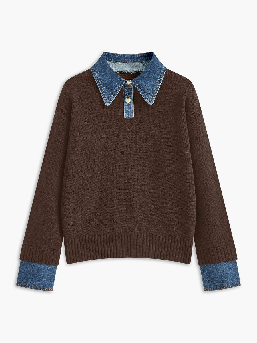 Victoria | Eleganter Damen Strickpullover Mit Denim-Kragen
