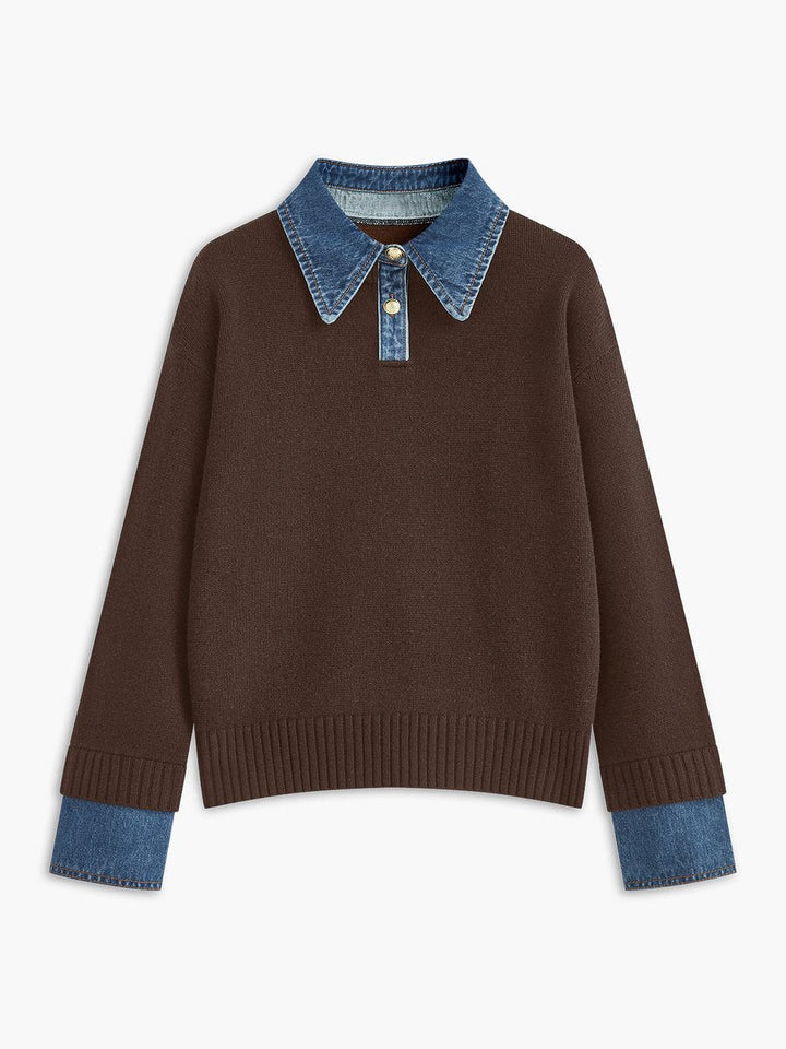 Victoria | Eleganter Damen Strickpullover Mit Denim-Kragen