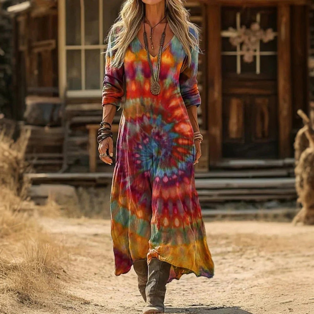 Emily | Boho Vintage Maxikleid mit V-Ausschnitt und langen Ärmeln