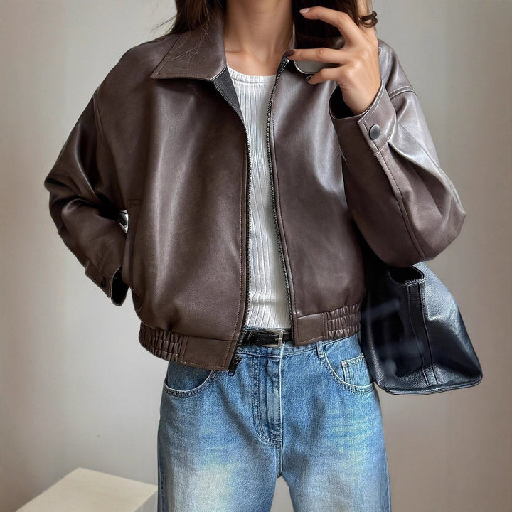 Ava | Zip-Up Faux Leather Bomber Jacket – Relaxed Fit for Women