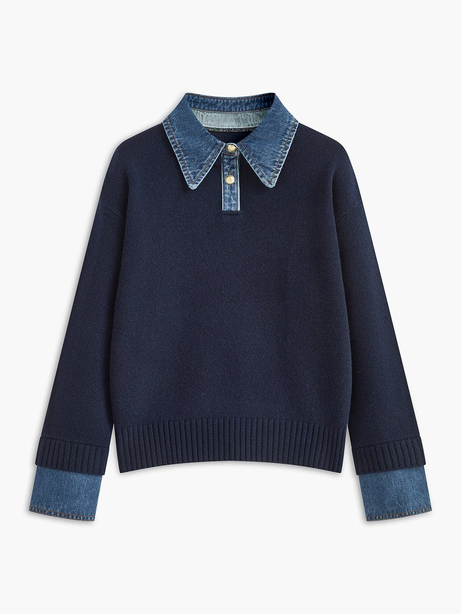 Victoria | Eleganter Damen Strickpullover Mit Denim-Kragen