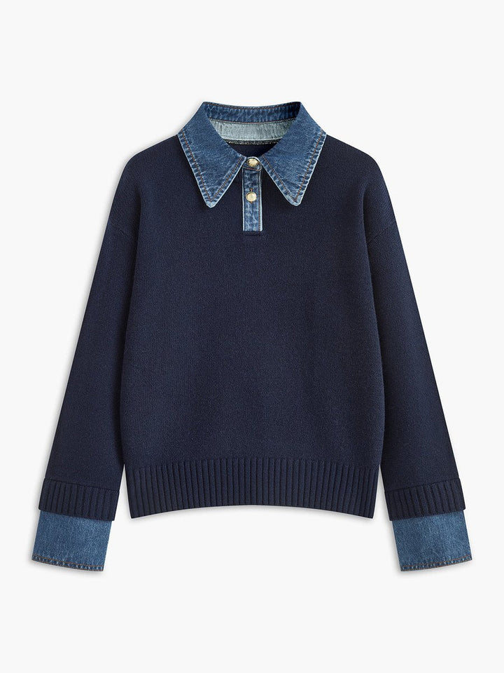 Victoria | Eleganter Damen Strickpullover Mit Denim-Kragen