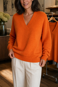 Nora | Modern ribbed knit sweater with deep V-neck