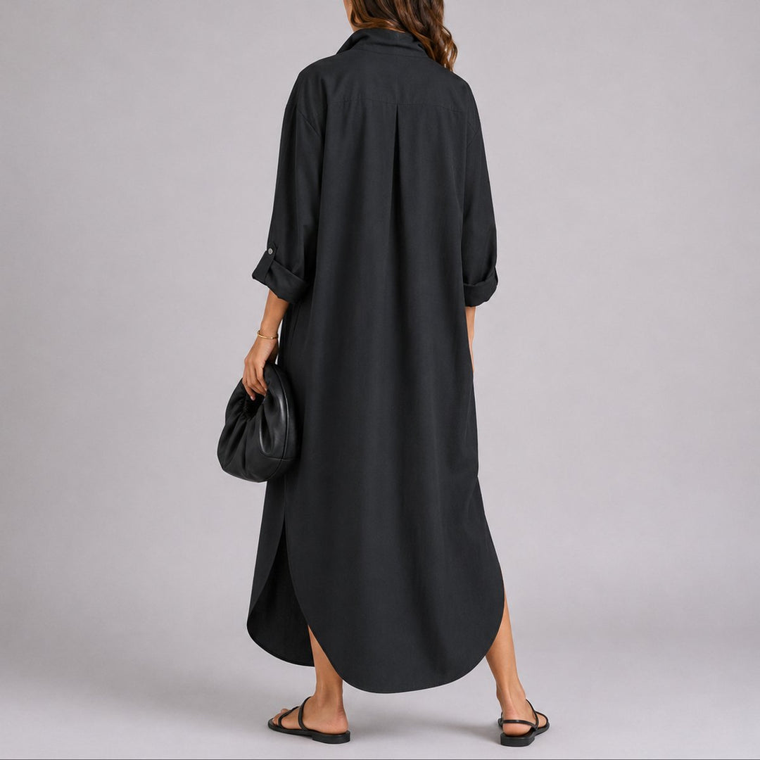 Klara | Müheloses Herbst-Hochzeits Maxikleid aus Leinen mit Knopfleiste