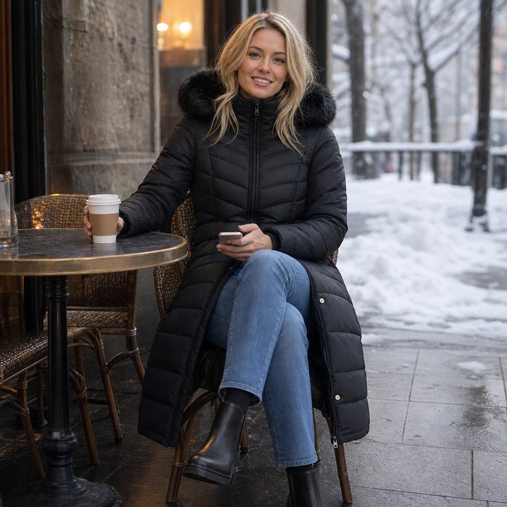 Chevronwarm | Longline Puffer Coat mit Pelzkapuze