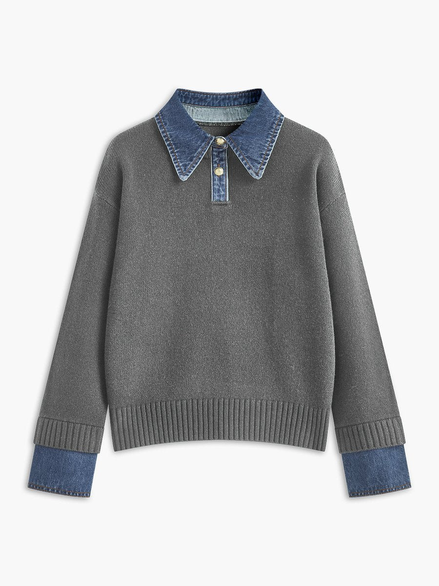 Victoria | Eleganter Damen Strickpullover Mit Denim-Kragen