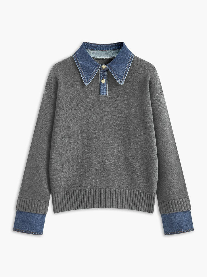 Victoria | Eleganter Damen Strickpullover Mit Denim-Kragen
