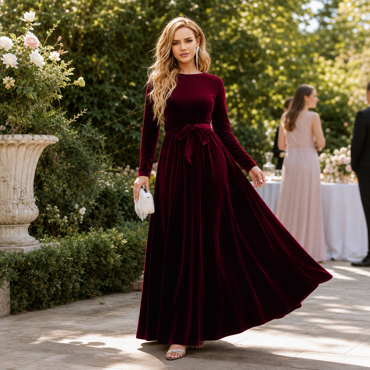 Velvora | A-Line Maxi Dress aus Samt – Elegantes Design mit Taillengurt für besondere Anlässe