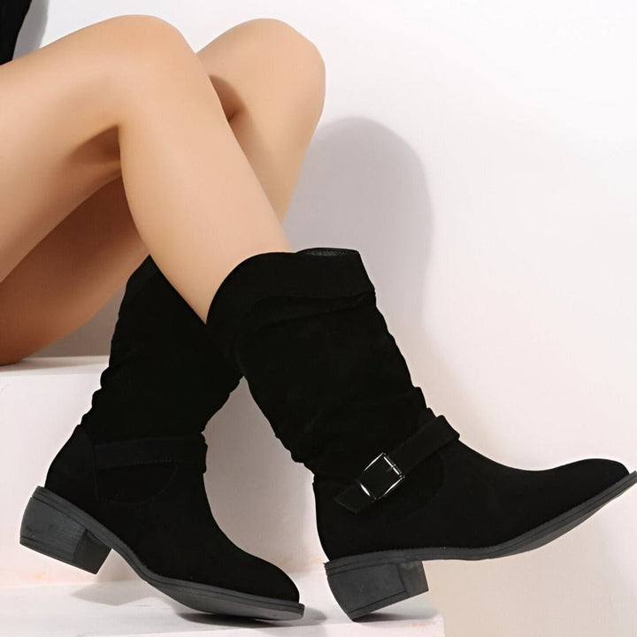 Astrid | Weiche Kniehohe Kunstwildlederstiefel mit Blockabsatz