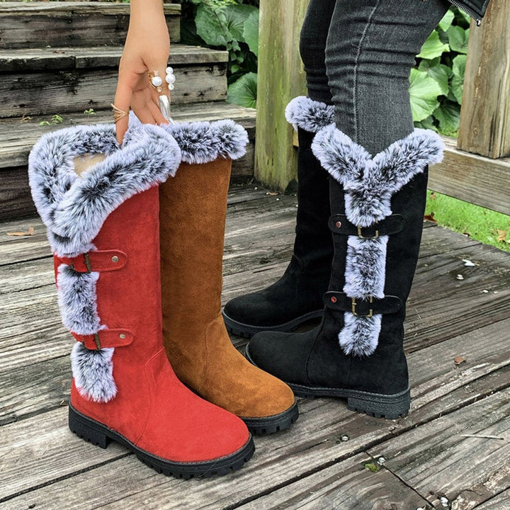 Georgina | Kuschelige kniehohe Kunstwildlederstiefel mit Fellbesatz und Schnallen