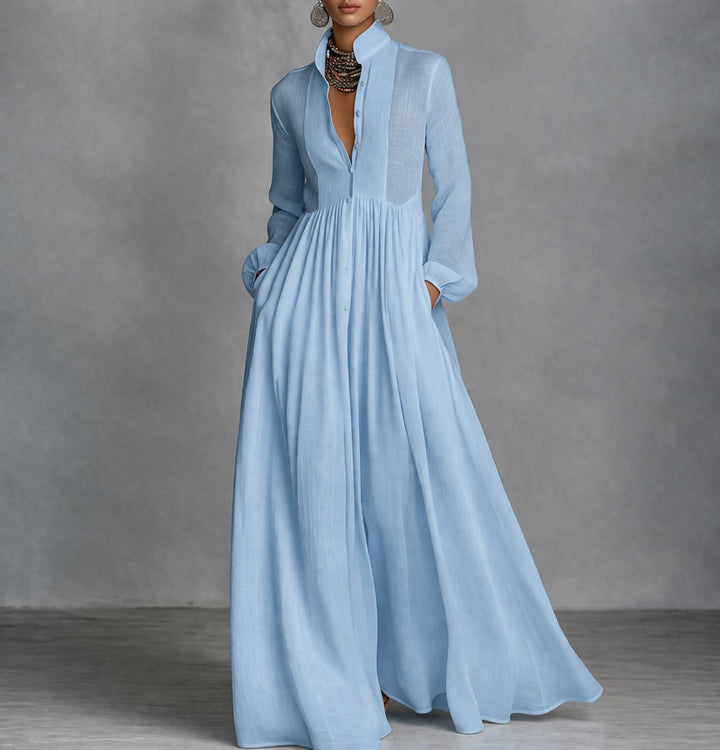 Marie | Elegantes Maxi-Hemdkleid mit Stehkragen und langen Ärmeln