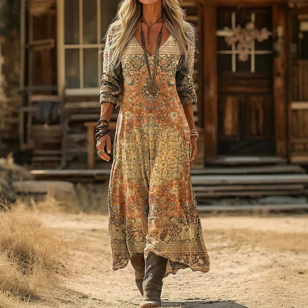 Emily | Boho Vintage Maxikleid mit V-Ausschnitt und langen Ärmeln