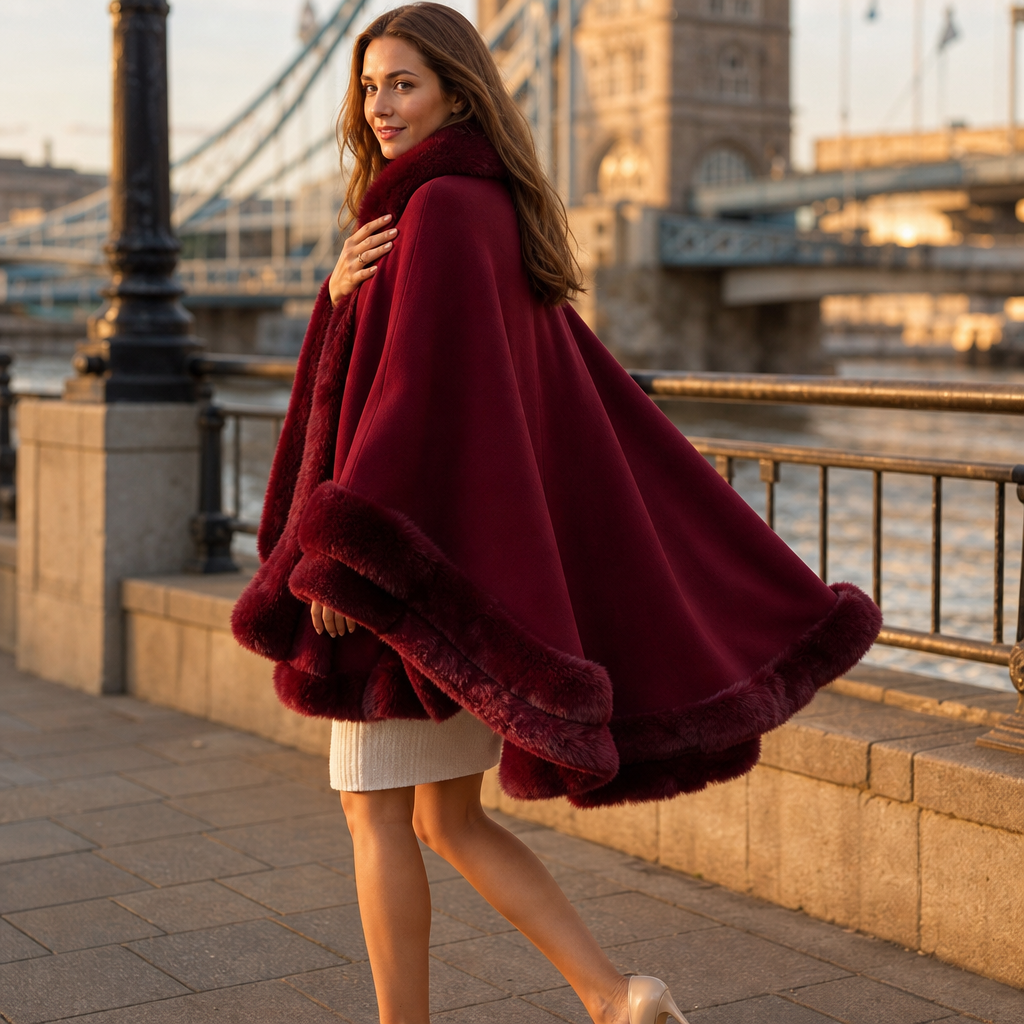 Wearbella | Hooded Knit Cape Coat mit Faux-Fur-Besatz