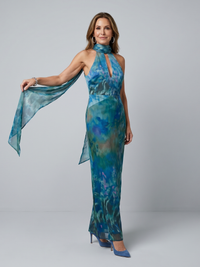 Marlene | Elegantes Keyhole-Halter-Maxikleid Mit Fließendem Schal-Detail