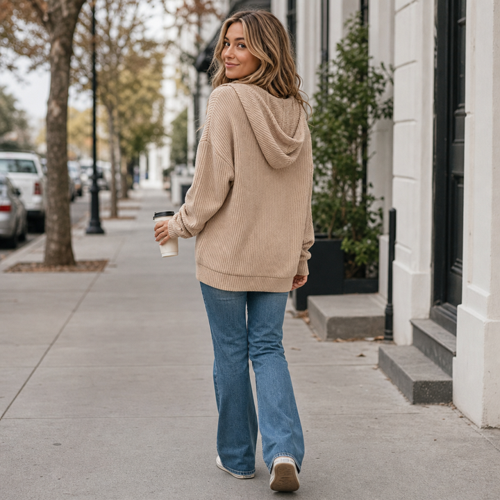 Wovella | Ribbed Knit Button-Neck Hoodie Sweater