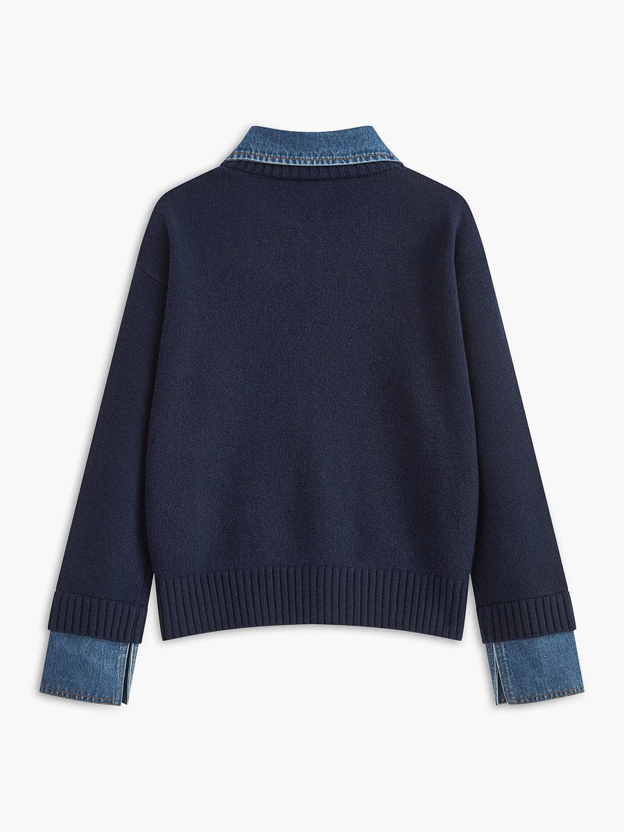 Victoria | Eleganter Damen Strickpullover Mit Denim-Kragen