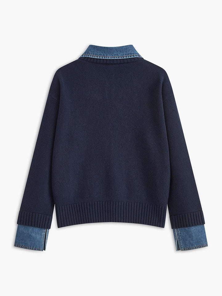 Victoria | Eleganter Damen Strickpullover Mit Denim-Kragen