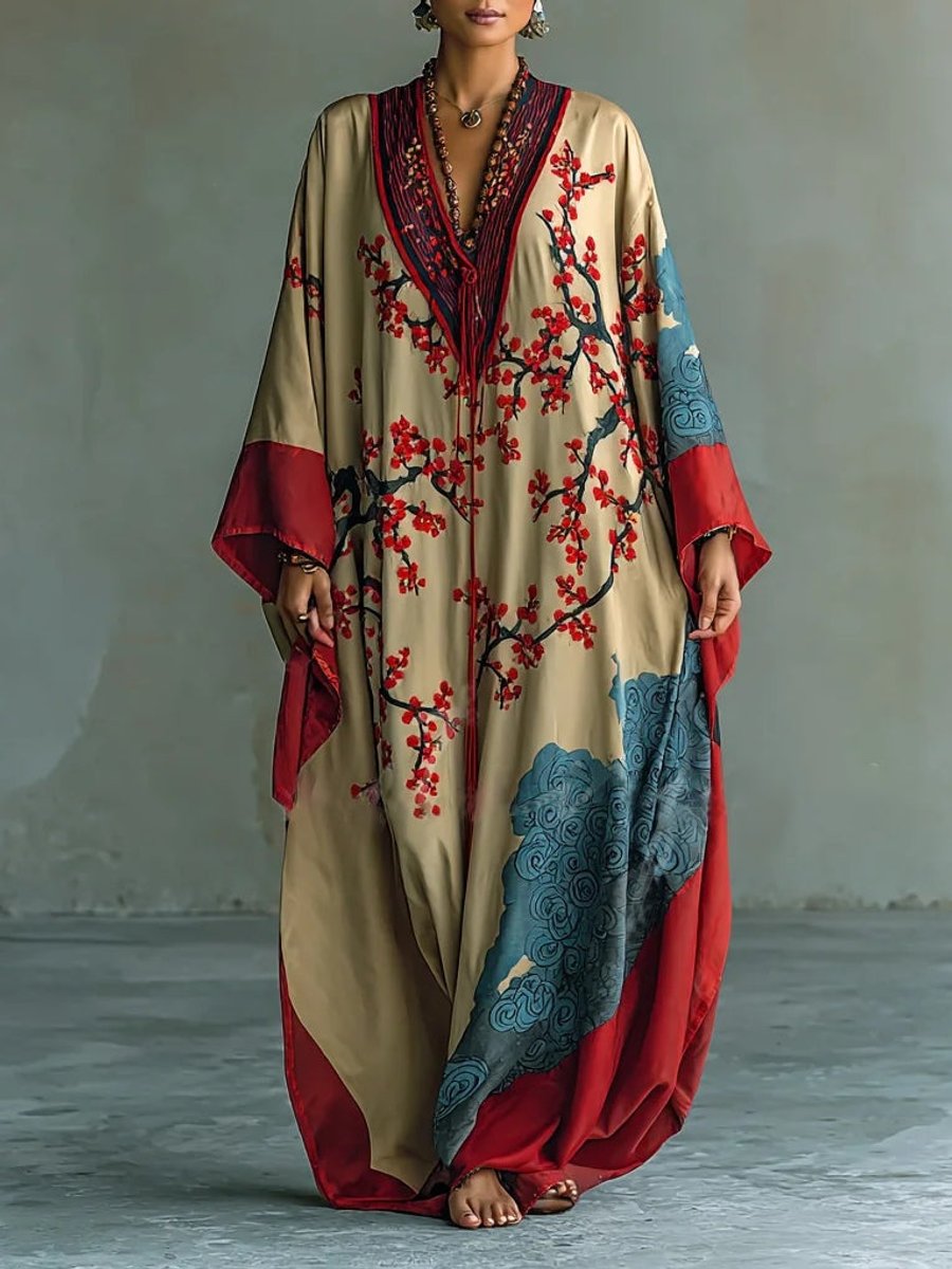 Mila | Künstlerisches Blumen-Maxikleid mit Fledermausärmeln und langen Ärmeln