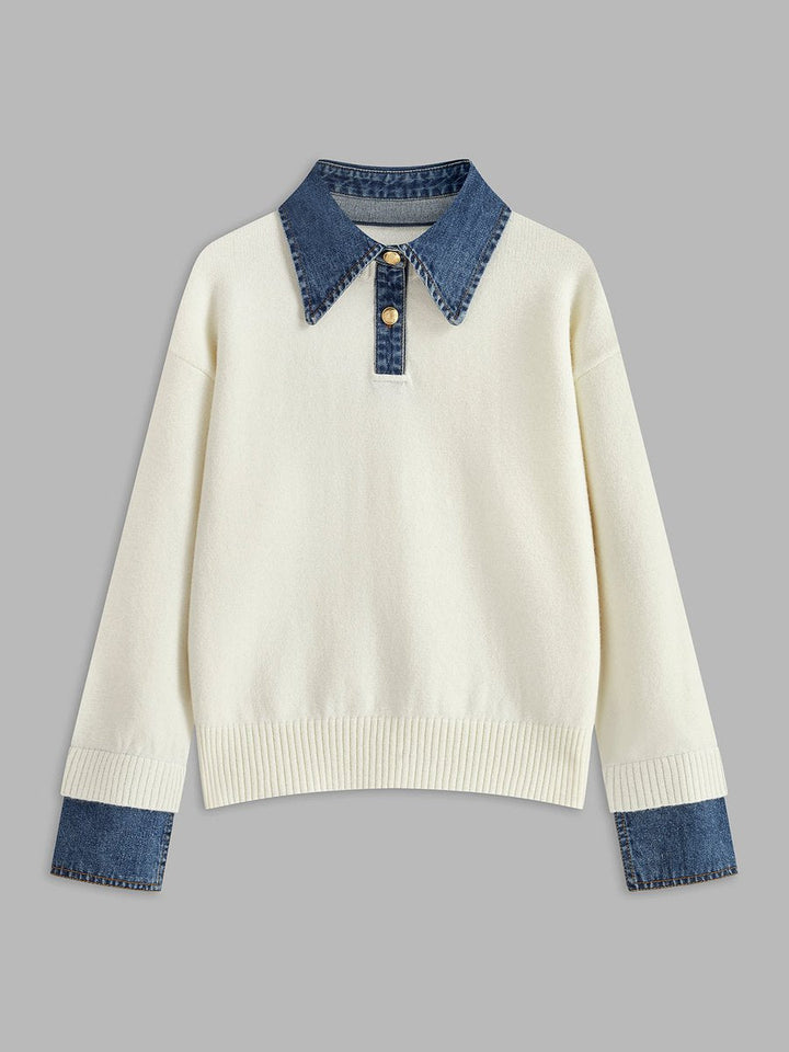 Victoria | Eleganter Damen Strickpullover Mit Denim-Kragen