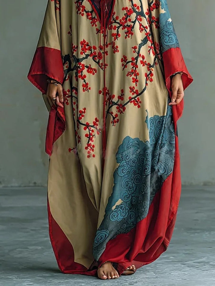Mila | Künstlerisches Blumen-Maxikleid mit Fledermausärmeln und langen Ärmeln