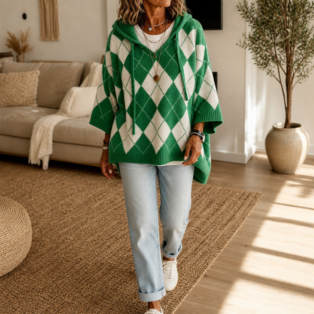Wrapbella | Hooded Argyle Poncho Sweater – Bequemer Stil für jeden Tag