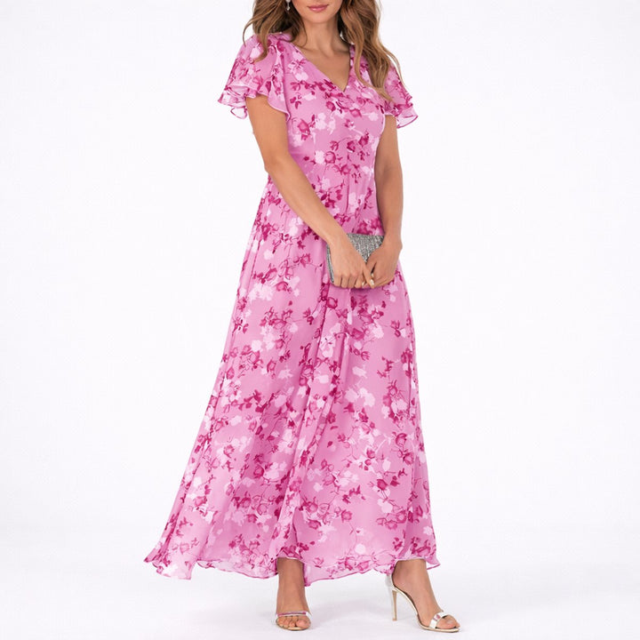 Scarlett | Florales Herbst-Hochzeits Maxikleid aus Chiffon mit Volantärmeln
