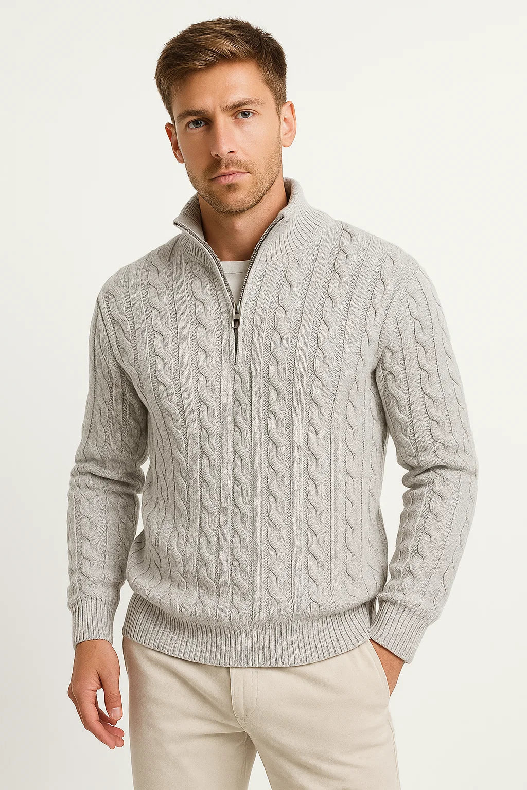 Julian | Klassischer Strickpullover mit Zopfmuster und Reißverschluss
