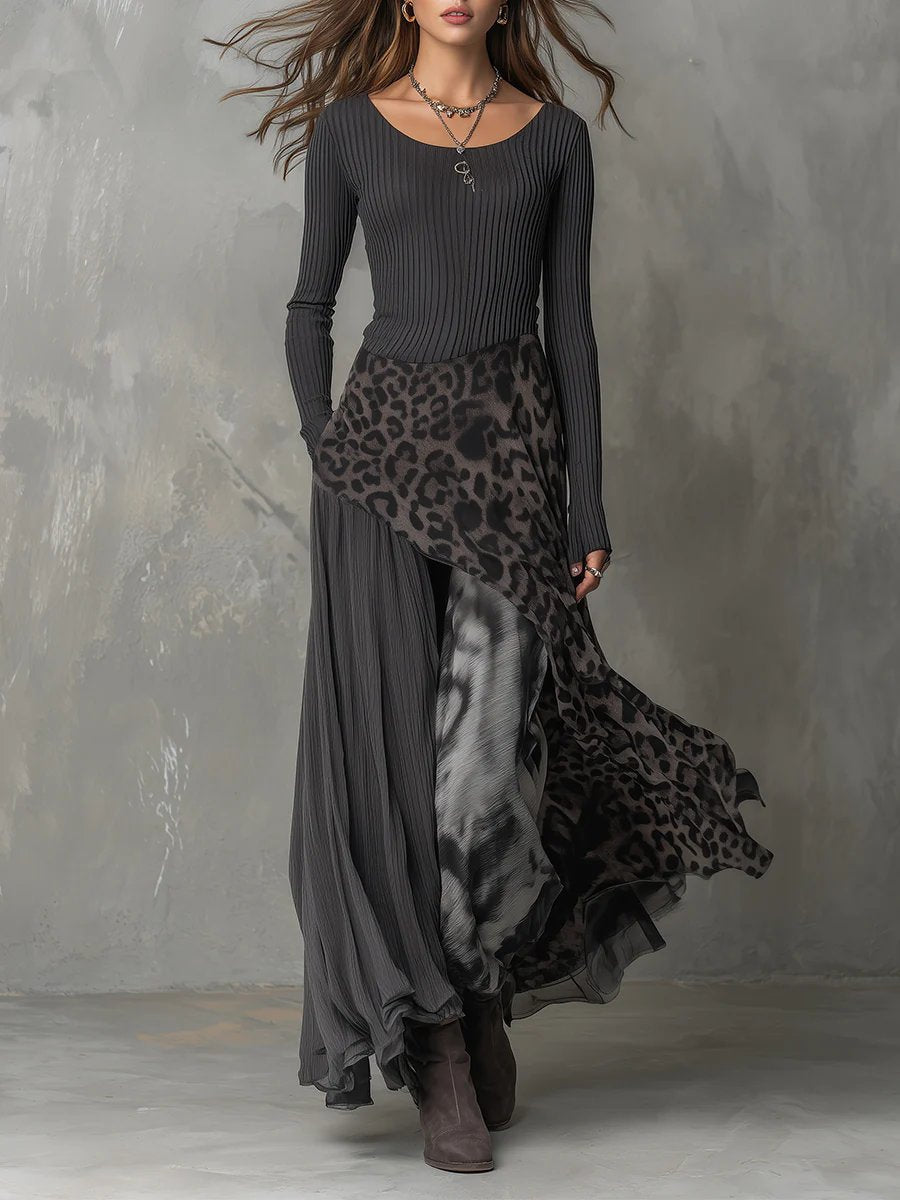 Lena | Boho Maxikleid mit Animal-Print mit langen Ärmeln