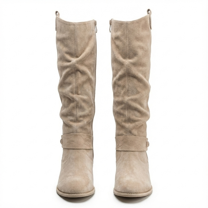 Zara | Elegante kniehohe Slouch-Stiefel mit niedrigem Blockabsatz