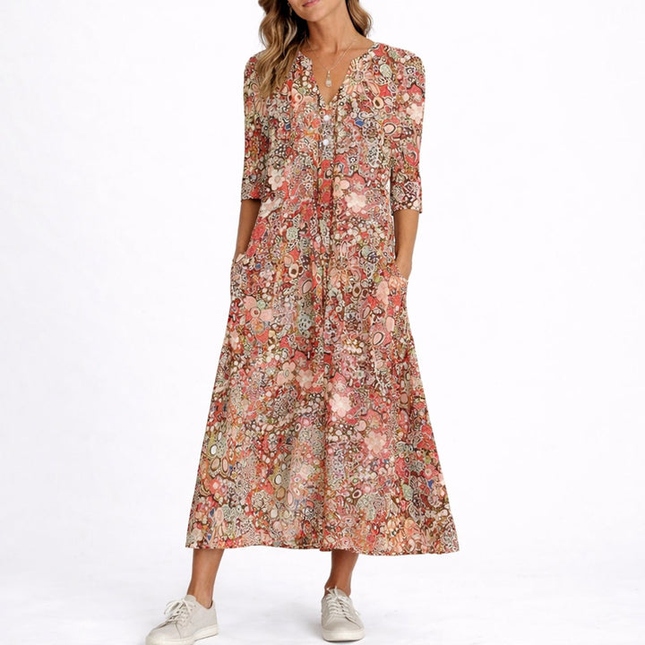 Clara | Florales Herbst-Hochzeitskleid Mit V-Ausschnitt Und Midi-Länge
